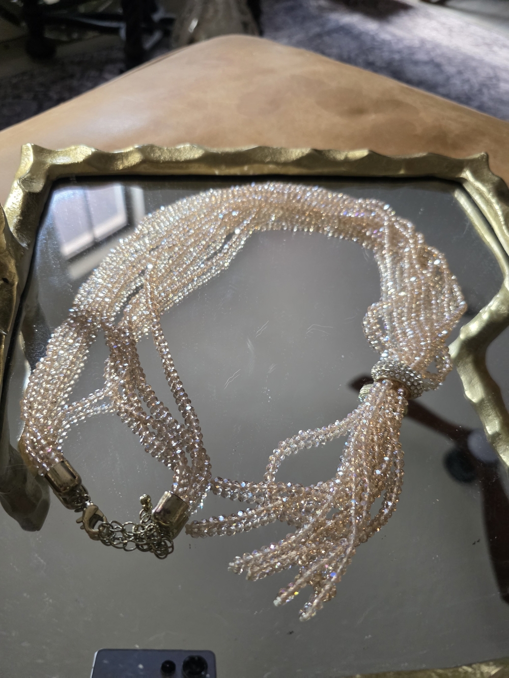 Source Unknown Champagne Crystal Multi-Strand Tassel Necklace